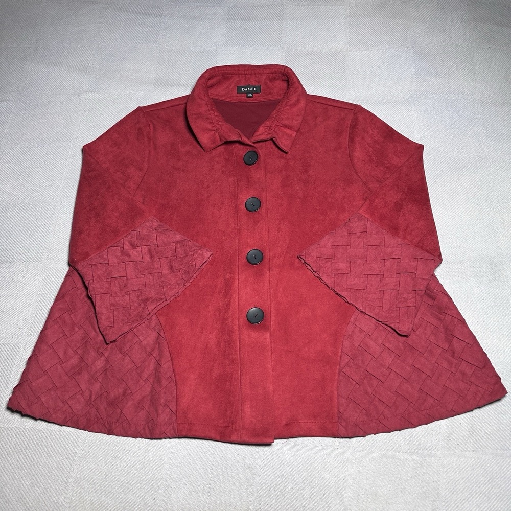Damee Jacket‎ Womens XL Red Basketweave Button Flared Sleeve Ruffle Collar Artsy